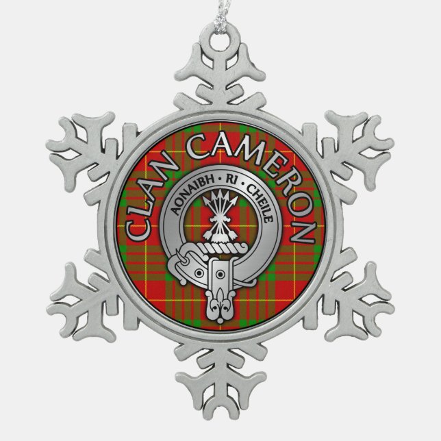 Clan Cameron Crest & Tartan Snowflake Pewter Christmas Ornament (Front)
