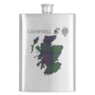 Clan Campbell Crest & Cawdor Tartan Map Hip Flask