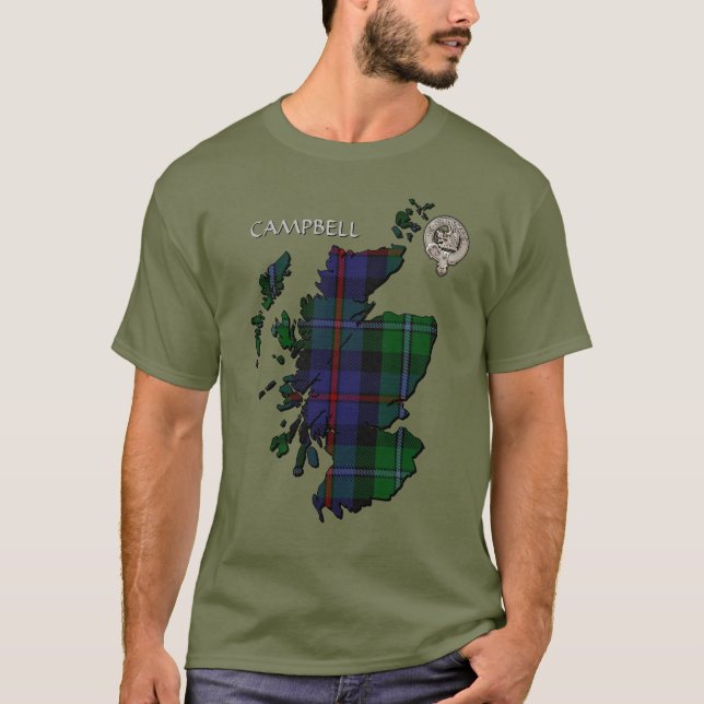 Clan Campbell Crest & Cawdor Tartan Map T-Shirt (Front)