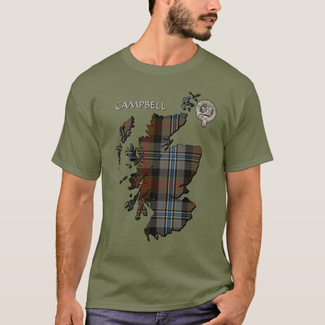 Clan Campbell Crest & Hunting Tartan Map T-Shirt (Front)