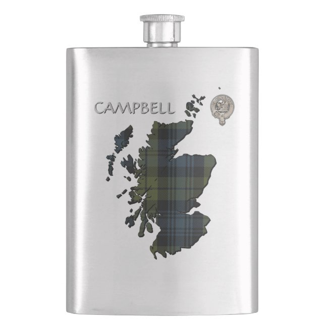 Clan Campbell Crest & Tartan Map Hip Flask (Front)