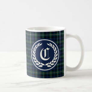 Clan Campbell Navy Blue and Green Tartan Monogram Coffee Mug