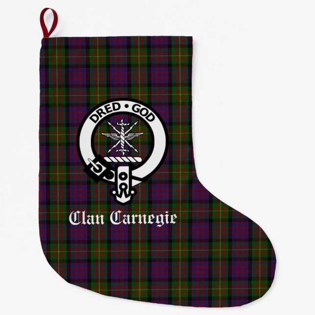 Clan Carnegie Crest Badge & Tartan Customisable Large Christmas Stocking (Front)