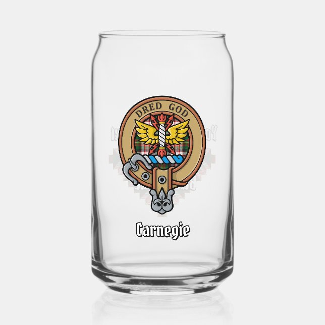 Clan Carnegie Crest over Dress Tartan Can Glass (Front)