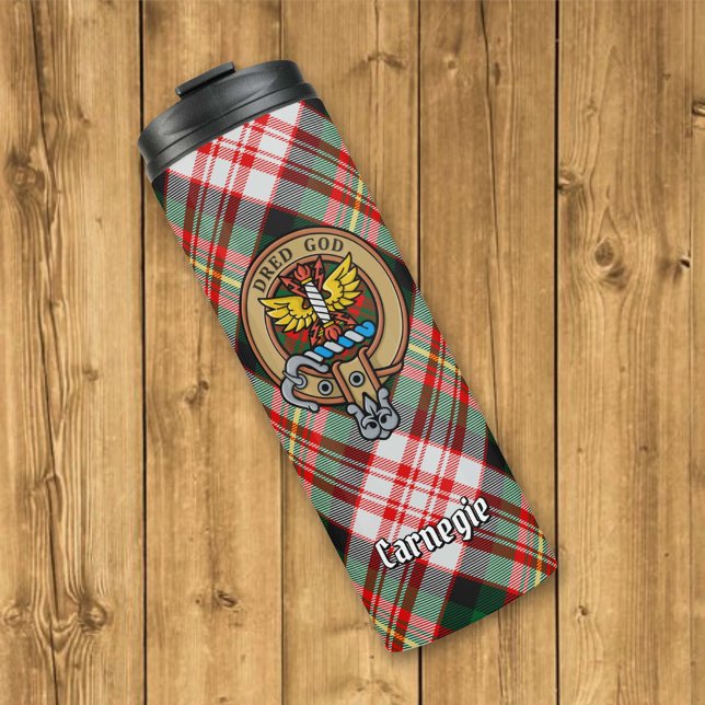 Clan Carnegie Crest over Dress Tartan Thermal Tumbler (Creator Uploaded)