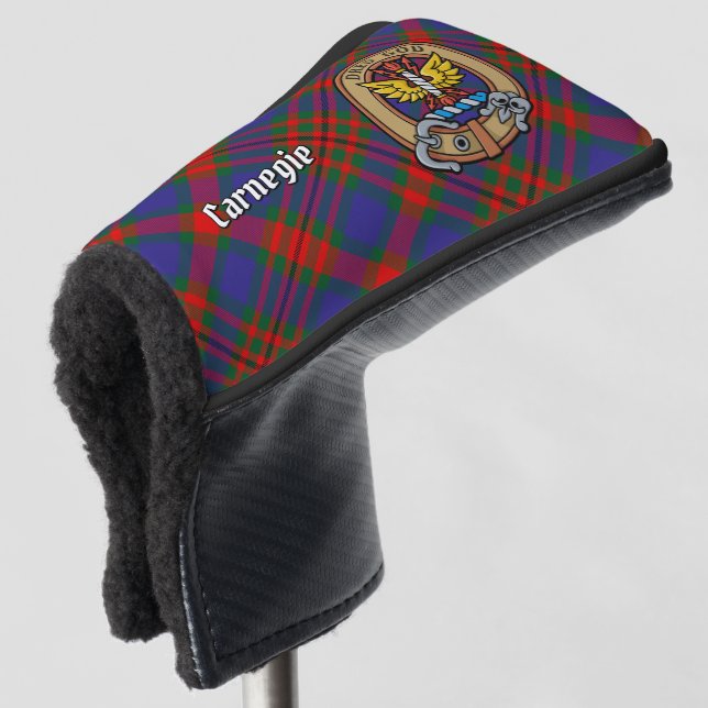 Clan Carnegie Crest over Tartan Golf Head Cover (3/4 Front)