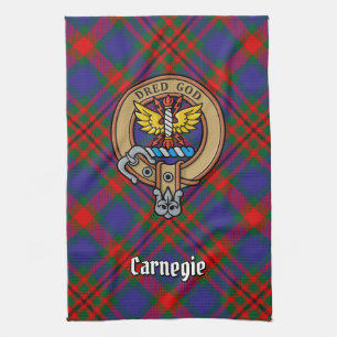 Clan Carnegie Crest over Tartan Tea Towel