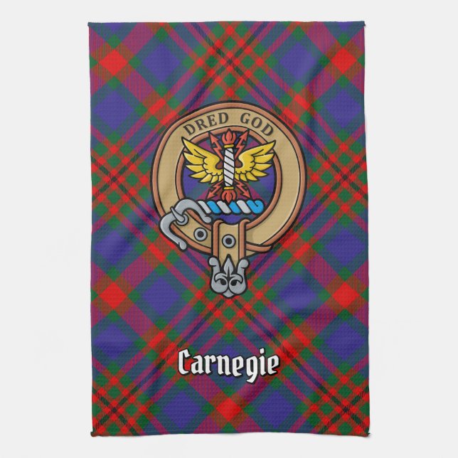 Clan Carnegie Crest over Tartan Tea Towel (Vertical)