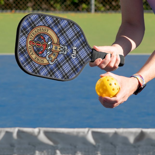 Clan Clark Crest over Tartan Keychain Pickleball Paddle (Insitu)