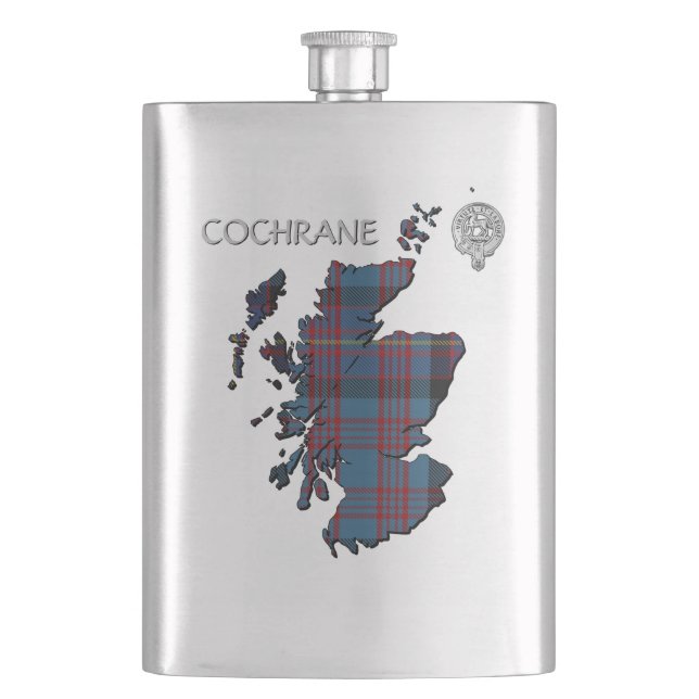 Clan Cochrane Crest & Azure Tartan Map Hip Flask (Front)