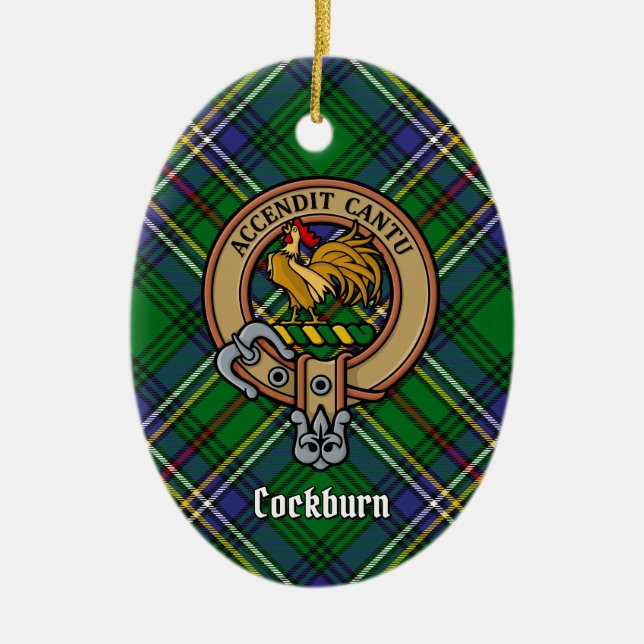 Clan Cockburn Crest over Tartan Ceramic Ornament (Front)