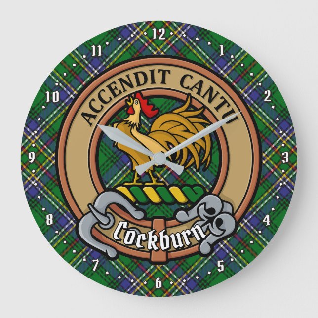Clan Cockburn Crest over Tartan Large Clock (Front)