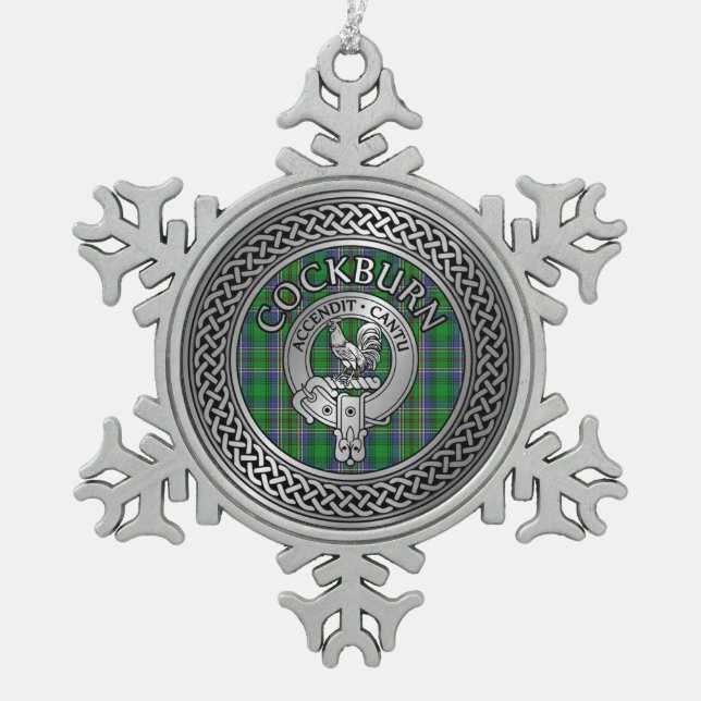 Clan Cockburn Crest & Tartan Knot Snowflake Pewter Christmas Ornament (Front)