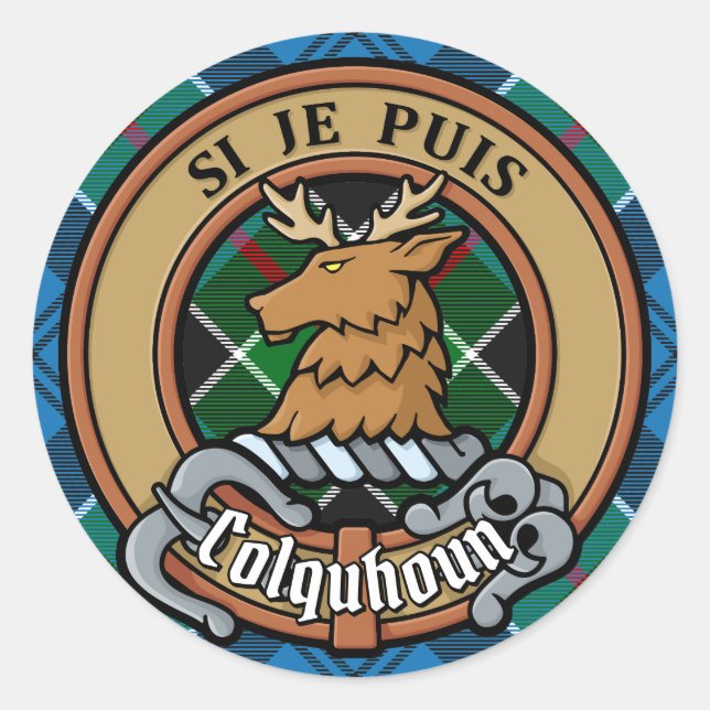 Clan Colquhoun Crest over Tartan Classic Round Sticker (Front)