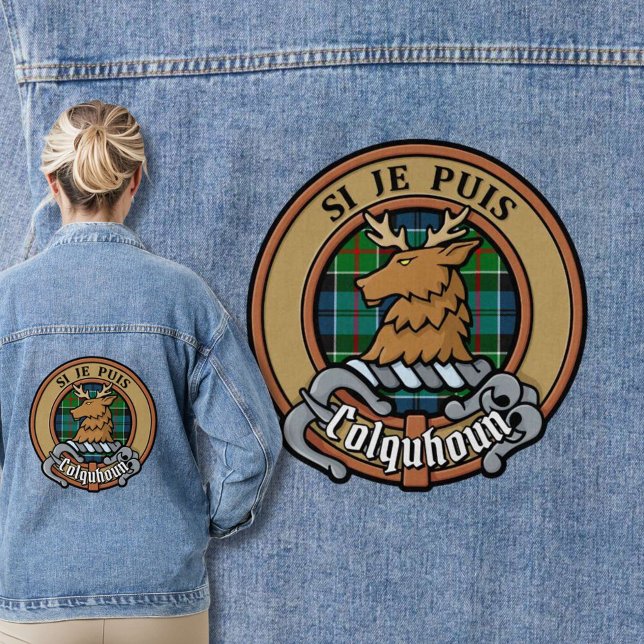 Clan Colquhoun Crest over Tartan Denim Jacket (Creator Uploaded)