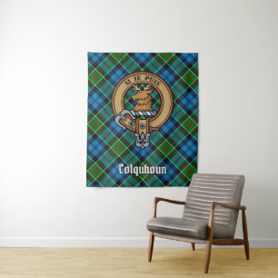 Clan Colquhoun Crest over Tartan Tapestry