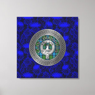 Clan Colquhoun Crest & Tartan Knot on Thistle Canvas Print