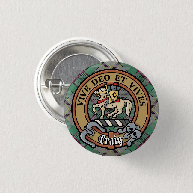 Clan Craig Crest over Tartan 3 Cm Round Badge (Front & Back)