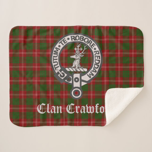 Clan Crawford Crest Badge and Tartan Sherpa Blanket (Front (Horizontal))