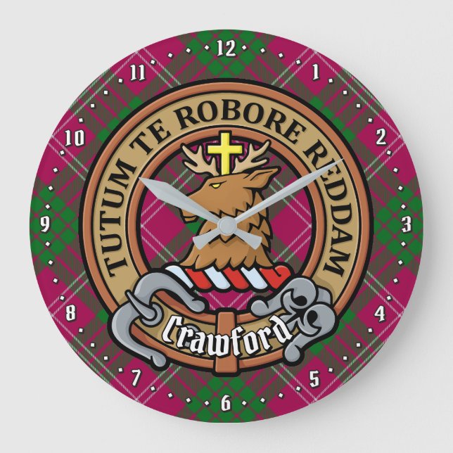 Clan Crawford Crest over Tartan Large Clock (Front)
