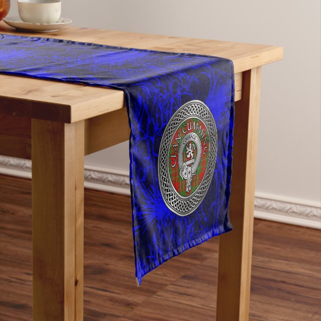 Clan Cumming Crest & Tartan Knot on Thistle Short Table Runner (In Situ)