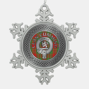 Clan Cumming Crest & Tartan Knot Snowflake Pewter Christmas Ornament