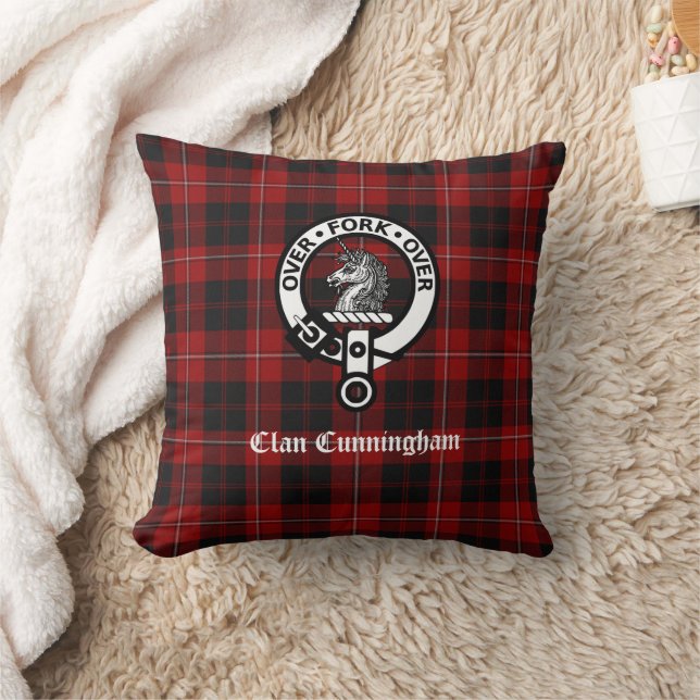 Clan Cunningham Crest Badge and Tartan  Cushion (Blanket)