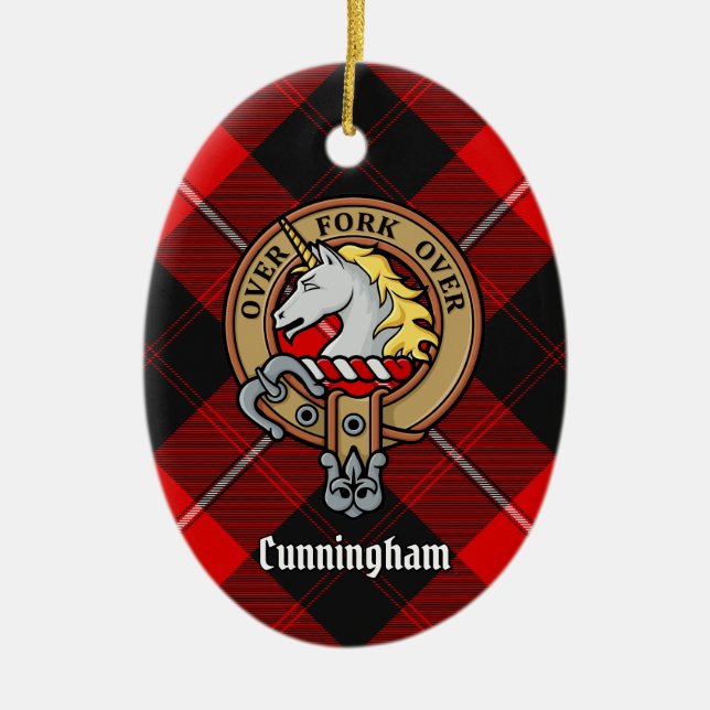 Clan Cunningham Crest over Tartan Ceramic Ornament (Front)