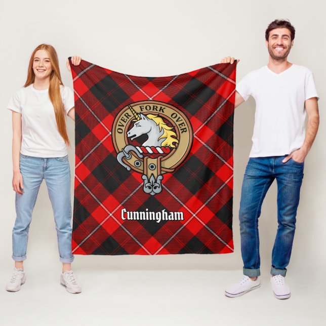 Clan Cunningham Crest over Tartan Fleece Blanket (In Situ)