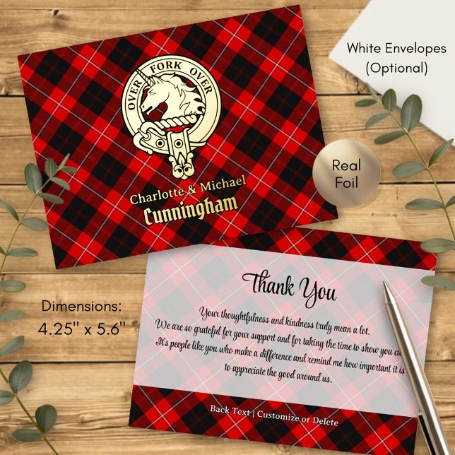 Clan Cunningham Crest over Tartan Foil Invitation Postcard (Creator Uploaded)
