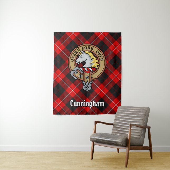 Clan Cunningham Crest over Tartan Tapestry (In Situ)
