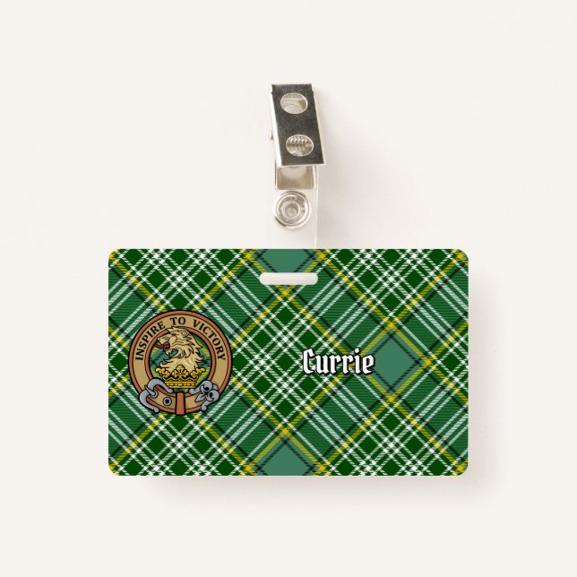 Clan Currie Lion Crest over Tartan ID Badge (Front with Clip)