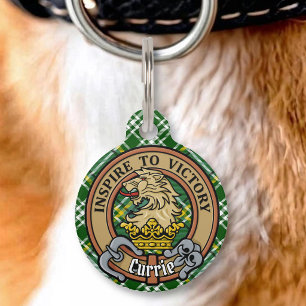 Clan Currie Lion Crest over Tartan Pet Tag