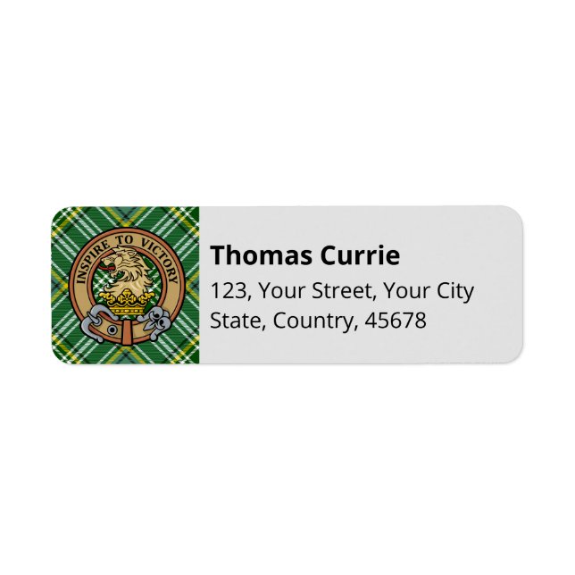 Clan Currie Lion Crest over Tartan Return Address Label (Front)