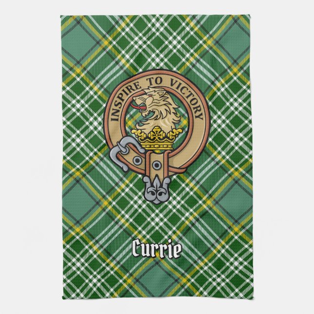Clan Currie Lion Crest over Tartan Tea Towel (Vertical)