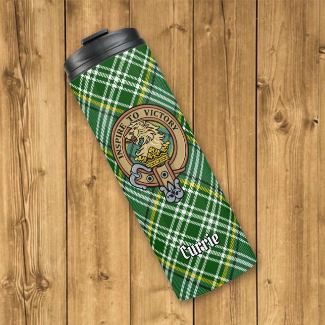 Clan Currie Lion Crest over Tartan Thermal Tumbler (Creator Uploaded)
