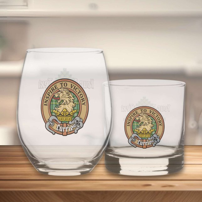 Clan Currie Lion Crest over Tartan Whiskey Glass (Creator Uploaded)