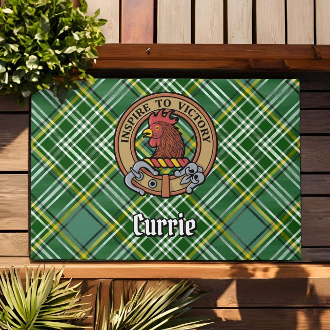 Clan Currie Rooster Crest over Tartan Doormat (Creator Uploaded)