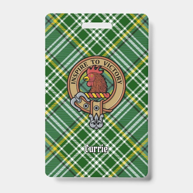 Clan Currie Rooster Crest over Tartan ID Badge (Front)