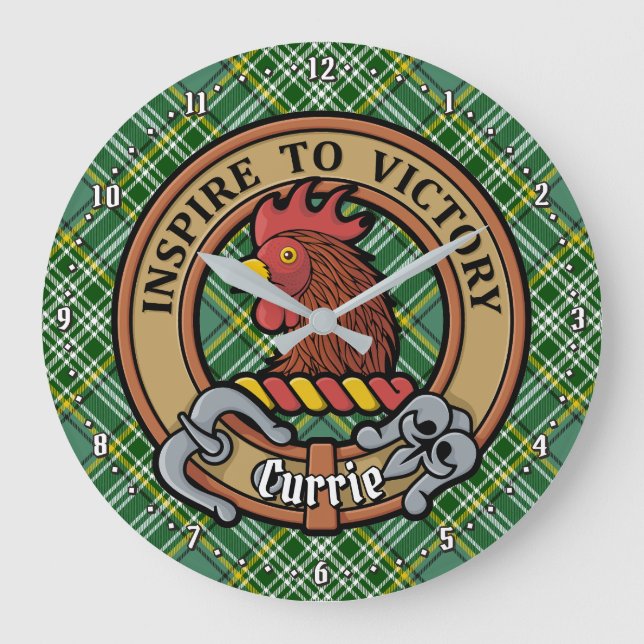 Clan Currie Rooster Crest over Tartan Large Clock (Front)