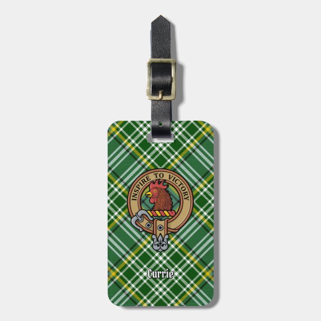 Clan Currie Rooster Crest over Tartan Luggage Tag (Front Vertical)