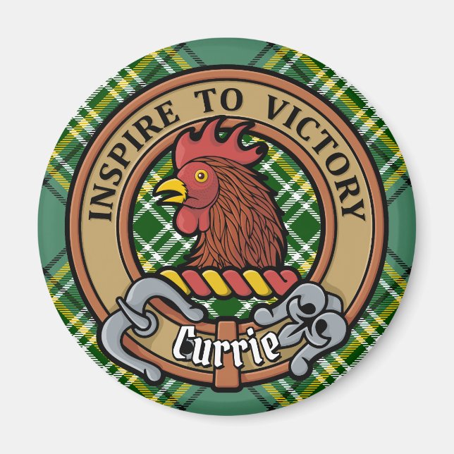 Clan Currie Rooster Crest over Tartan Magnet (Front)