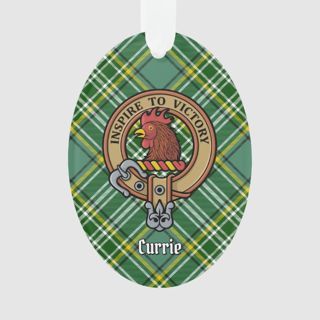 Clan Currie Rooster Crest over Tartan Ornament (Front)