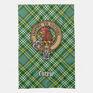 Clan Currie Rooster Crest over Tartan Tea Towel