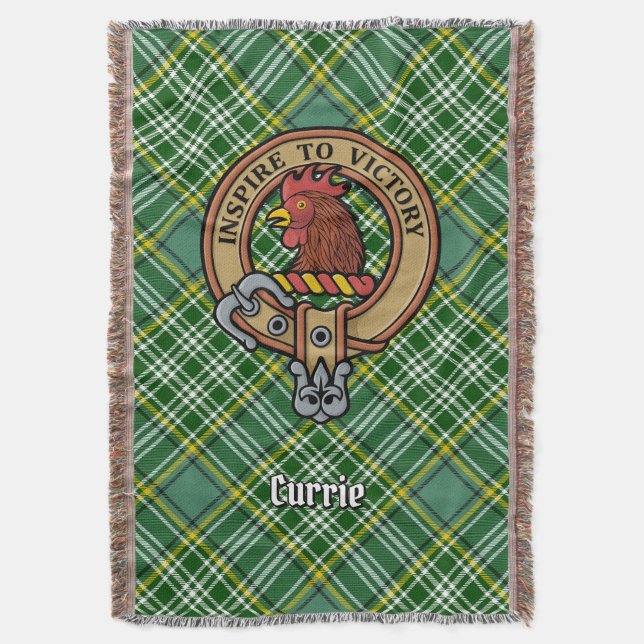 Clan Currie Rooster Crest over Tartan Throw Blanket (Front Vertical)