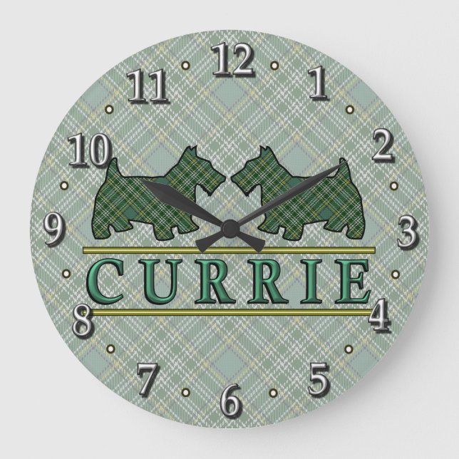 Clan Currie Tartan Scottie Dogs Large Clock (Front)