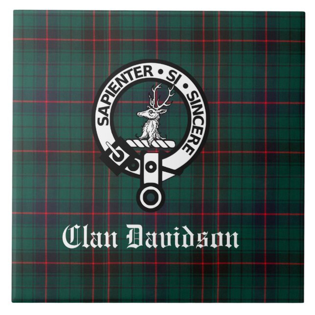 Clan Davidson Crest Badge and Tartan Ceramic Tile (Front)