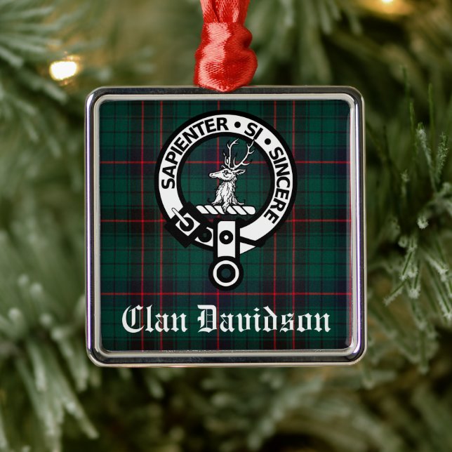 Clan Davidson Crest Badge and Tartan Customisable  Metal Ornament (Tree)