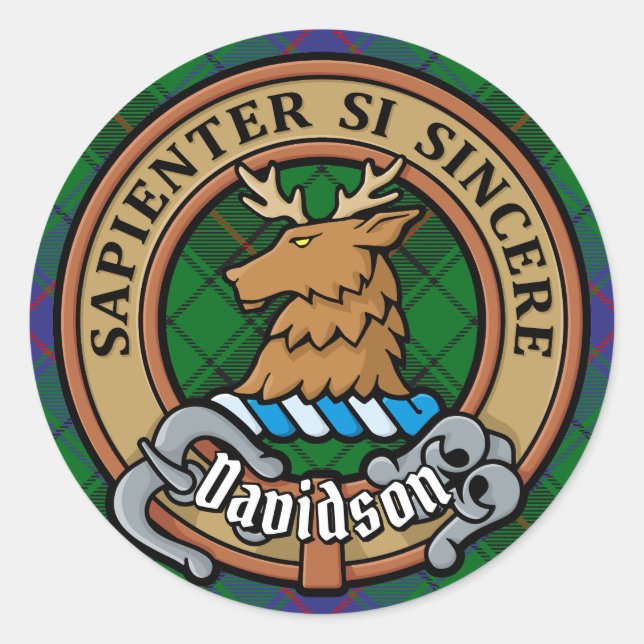 Clan Davidson Crest over Tartan Classic Round Sticker (Front)