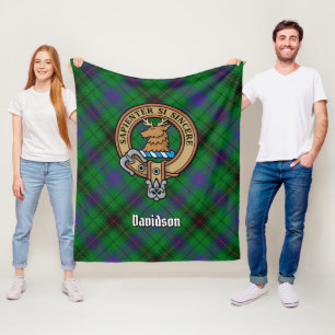 Clan Davidson Crest over Tartan Fleece Blanket